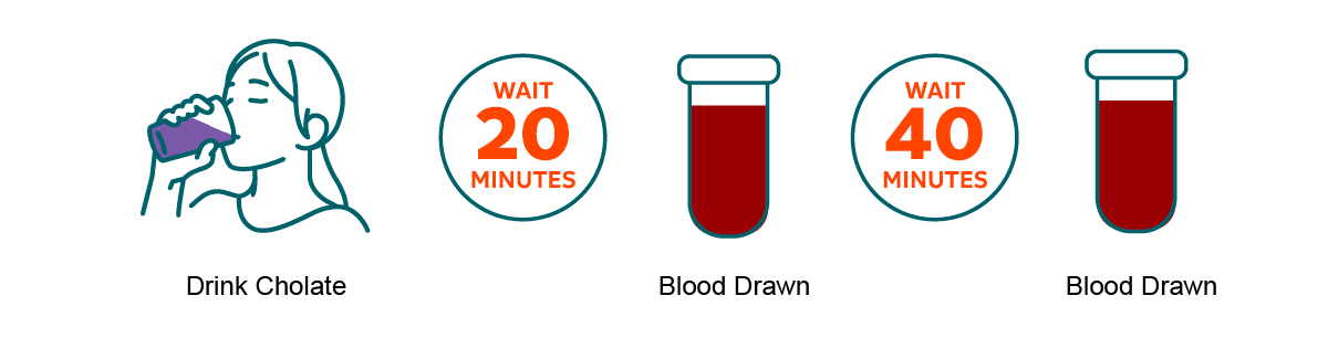 Drink cholate, wait 20 minutes, get blood draw, wait 40 minutes, get blood drawn